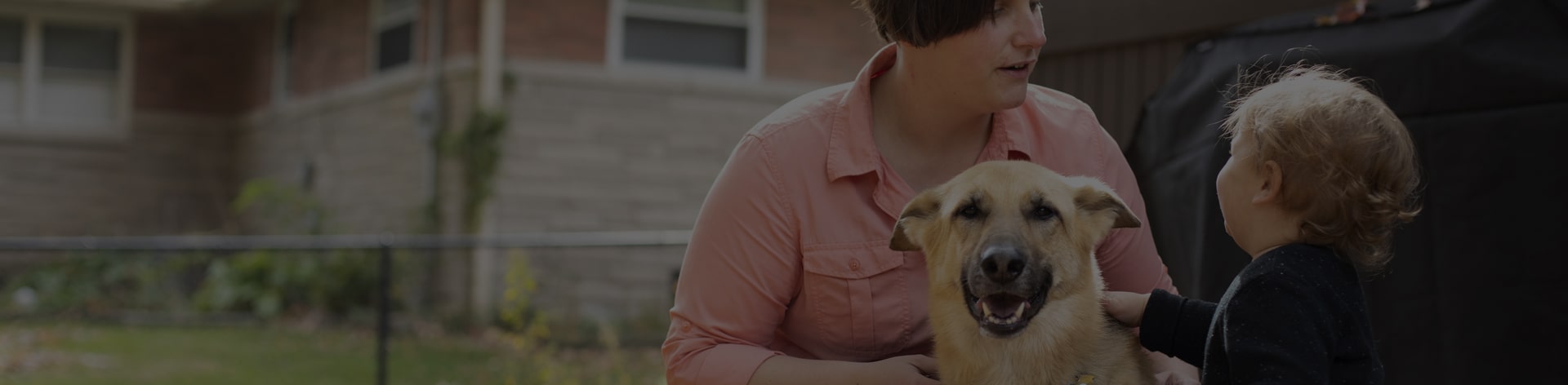 Picture of a blind woman with her child and a dog.